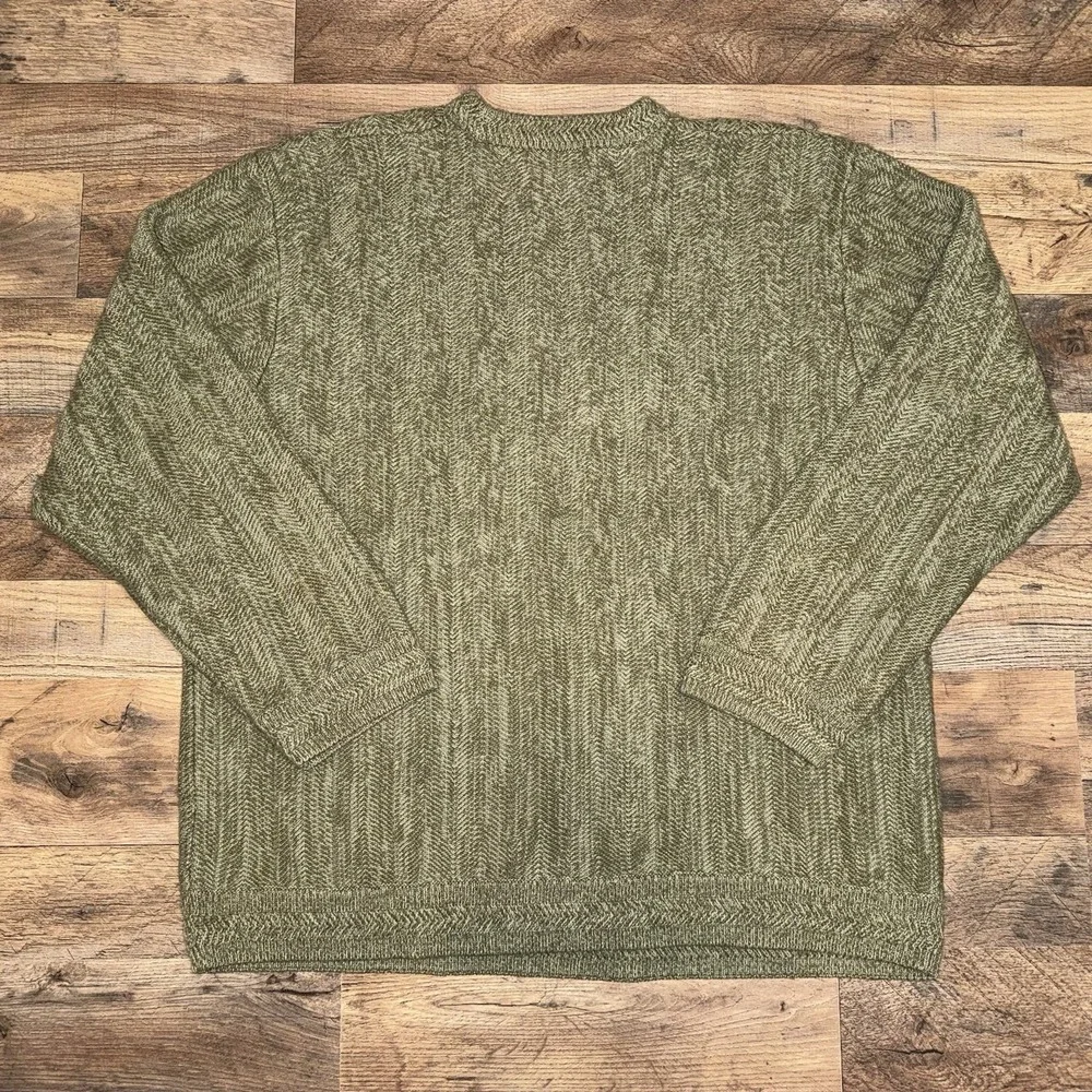 Chaps Mens XL Olive Green Herringbone Knit Cotton Crewneck Sweater Logo